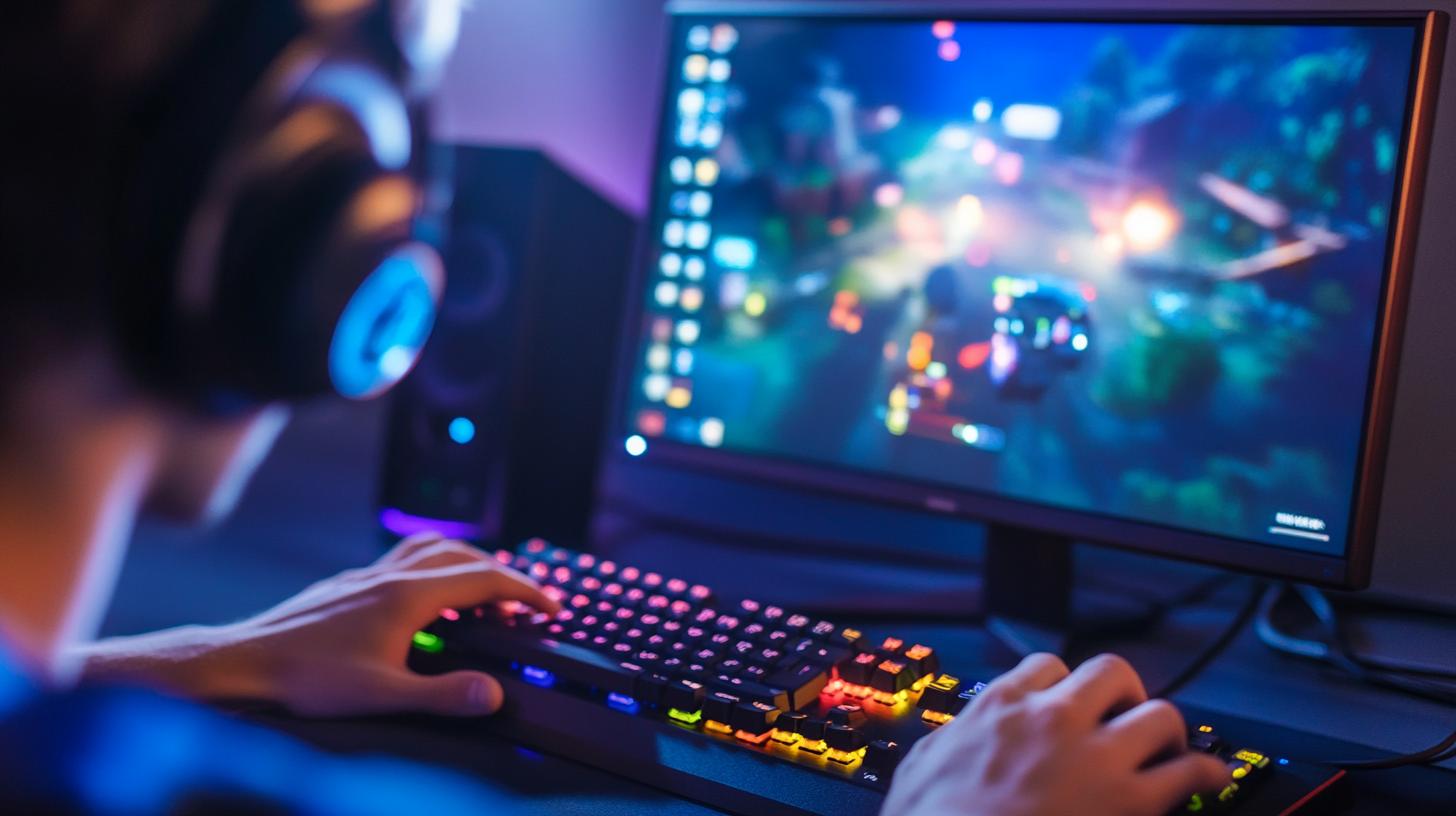 Gamer at a computer with colorful backlit keyboard and headset playing an online video game.