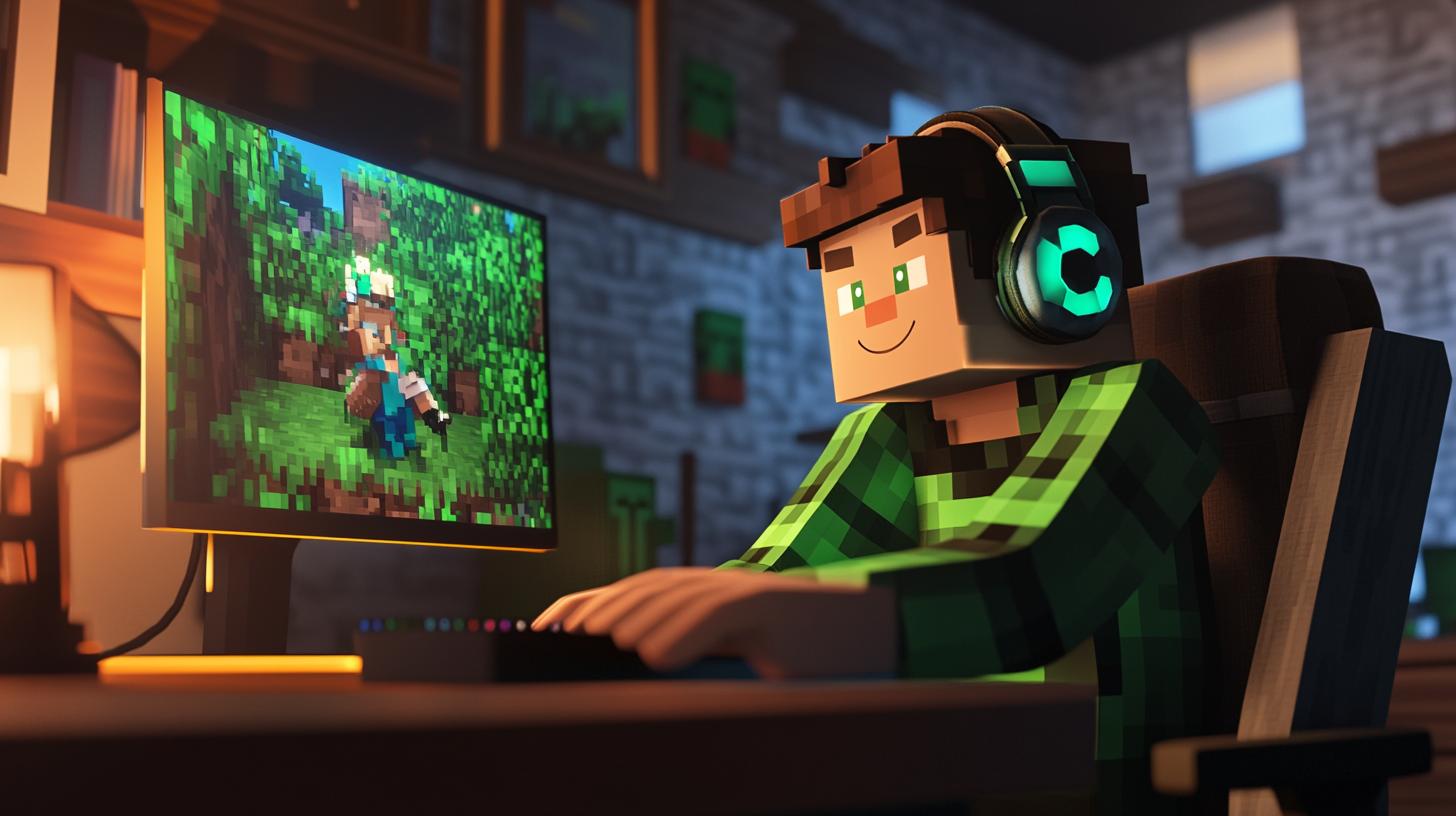 Person playing a video game on a computer in a cozy room with pixelated graphics and character wearing headphones