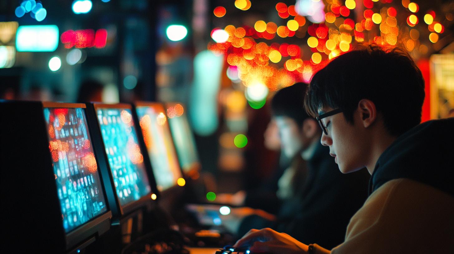 People gaming on computers in a dimly lit internet cafe with colorful bokeh lights in the background