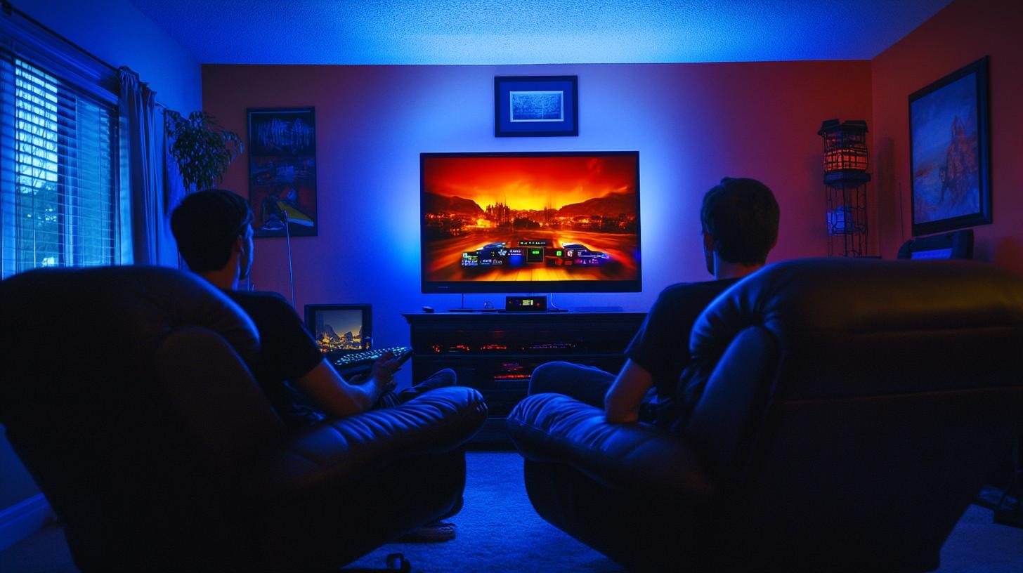 Two people sitting in chairs, playing a video game on a large screen in a dimly lit room with blue and red ambient lighting.