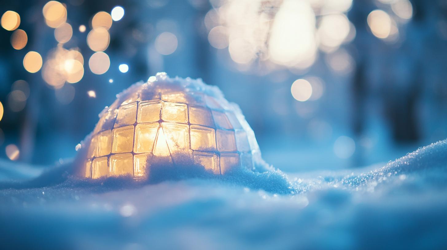 Glowing ice lantern in snowy landscape with blurred lights in the background.