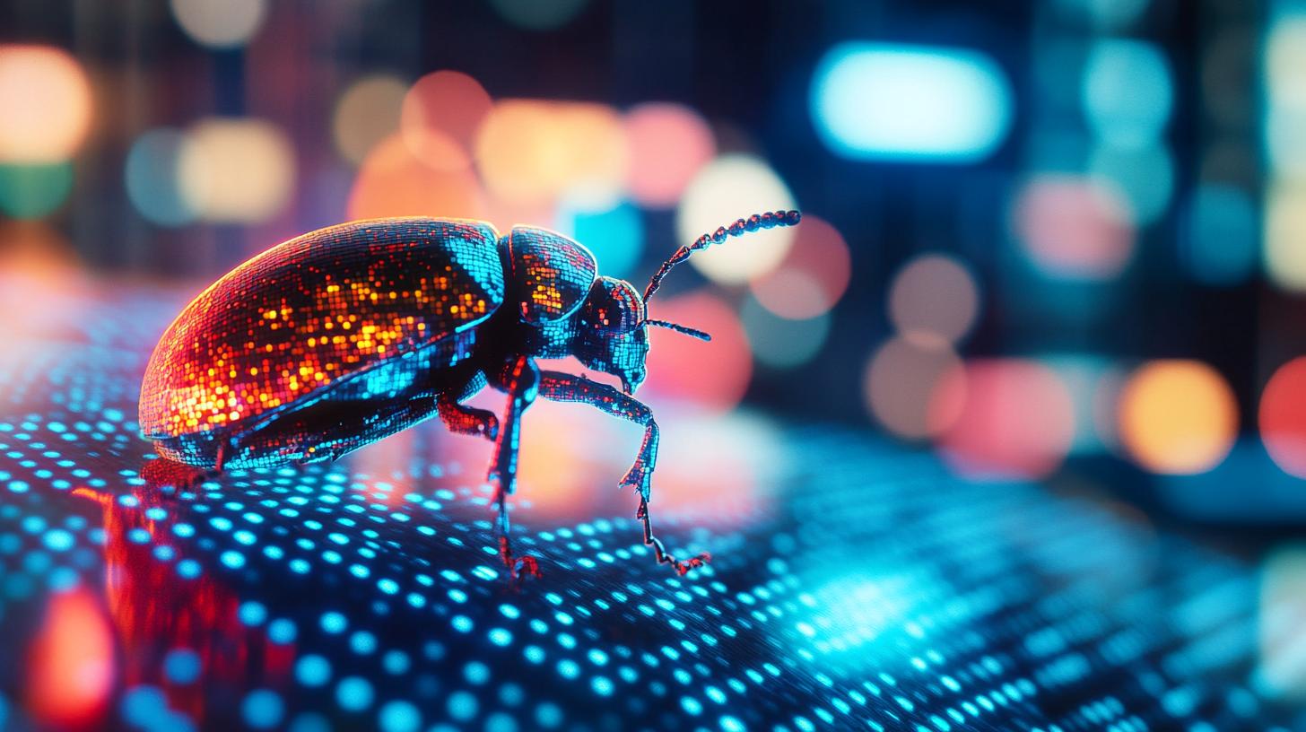 Digital art of a beetle composed of glowing pixels against a colorful bokeh background.