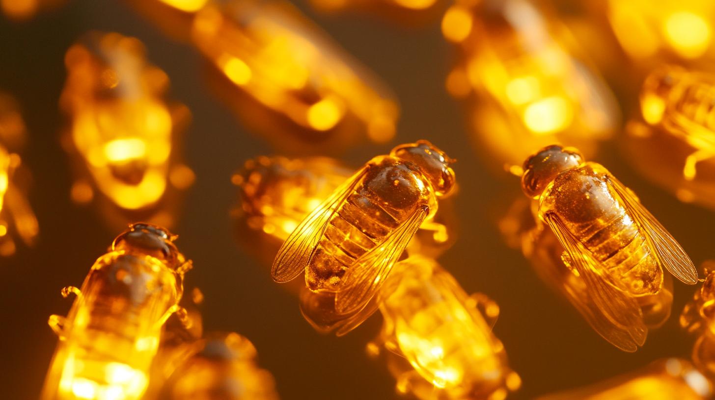 Close-up of glowing resin insects resembling bees with illuminated wings and bodies in a warm amber color ambiance