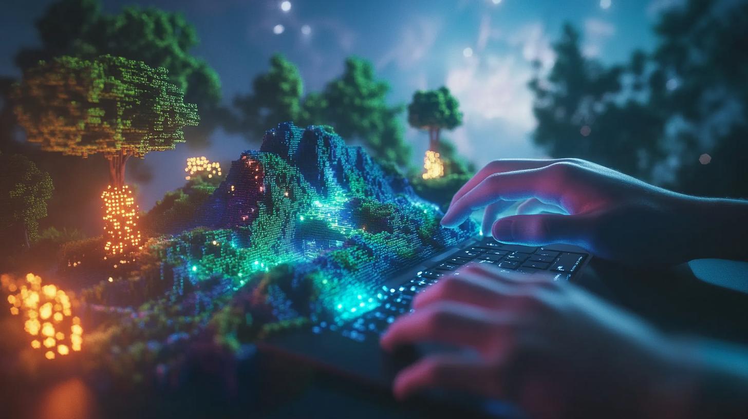 Hands typing on a keyboard with a glowing digital landscape appearing above it, featuring pixelated trees and mountains in a virtual environment.