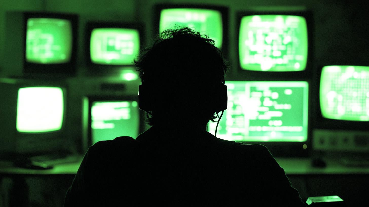 Person with headphones looking at multiple green-screen computer monitors in a dimly lit room.