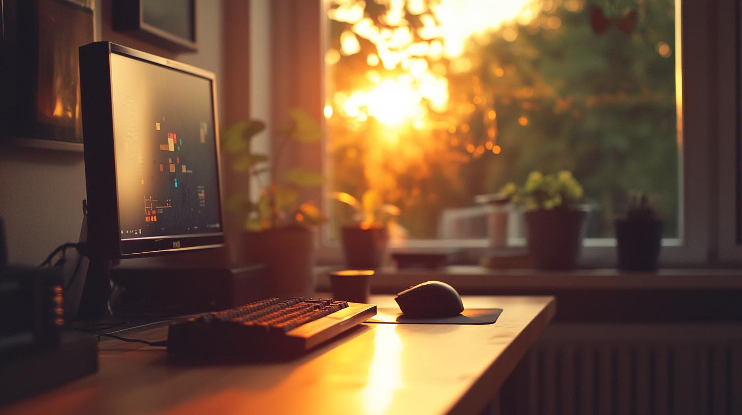 Home office setup with a computer monitor keyboard and mouse on a wooden desk sunlight streaming through a window with plants in the background creating a warm ambiance