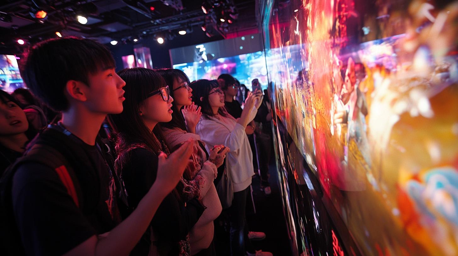 A group of people enjoying an interactive display at a vibrant indoor event with colorful lights.