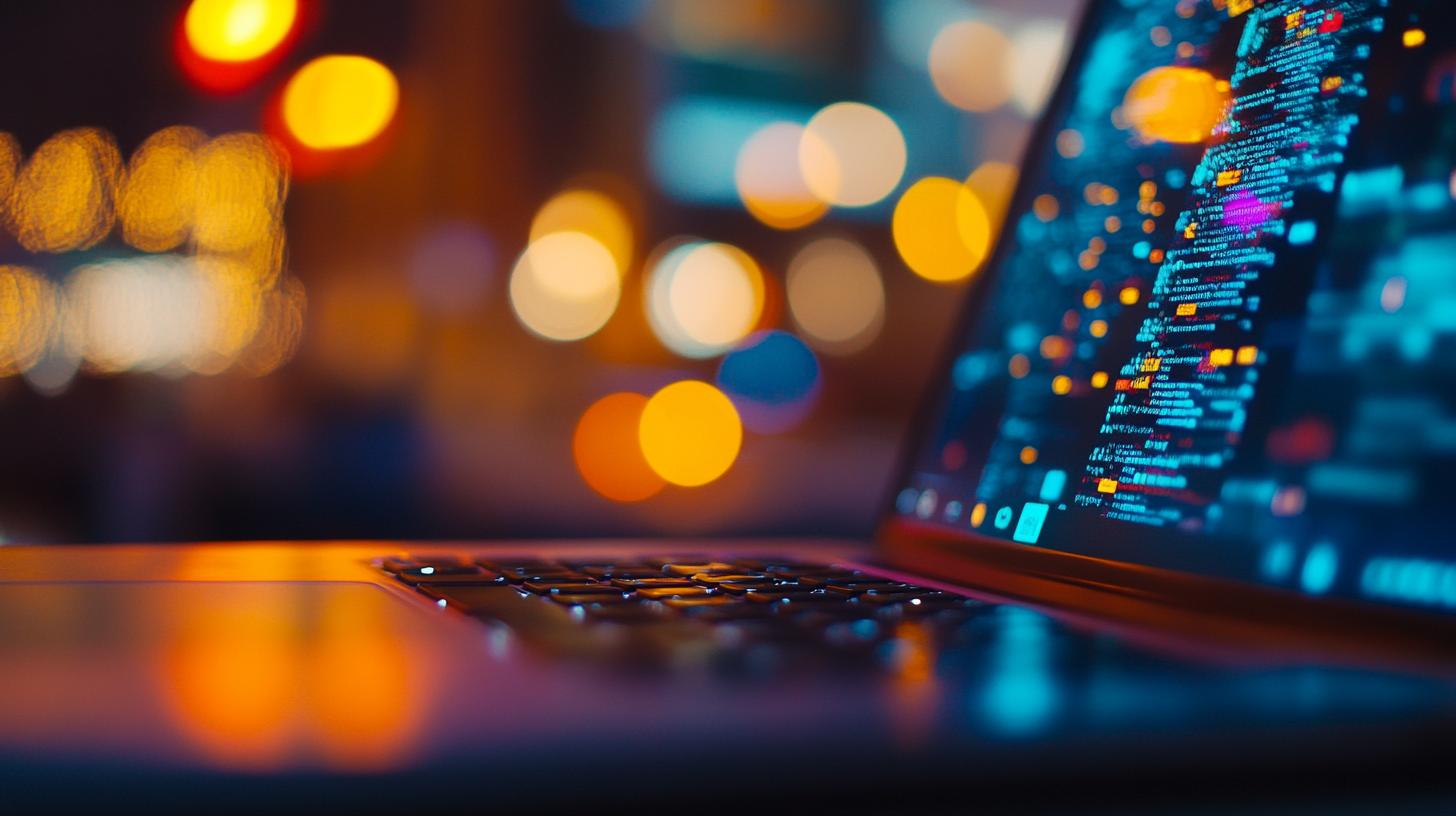 Laptop with colorful code on screen in a dimly lit room with bokeh lights in the background