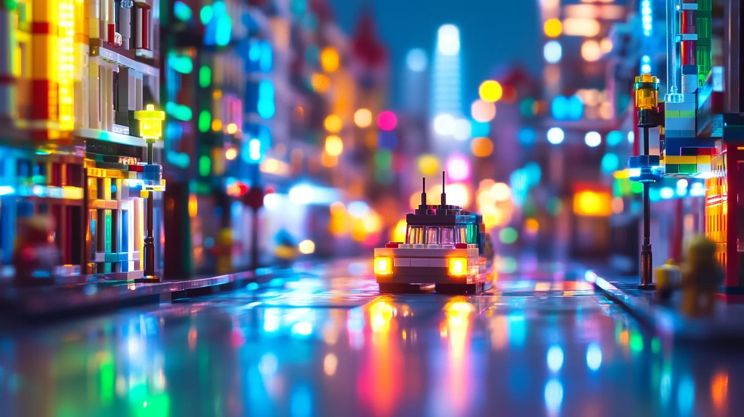 Lego city street scene at night with colorful lights and a toy car in focus.