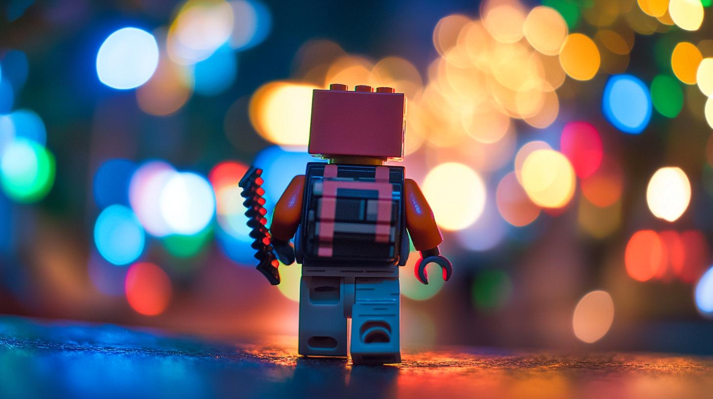 Lego figure with backpack against colorful bokeh lights background