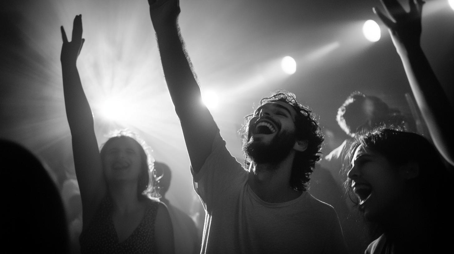 People enjoying a lively concert with bright stage lights in the background