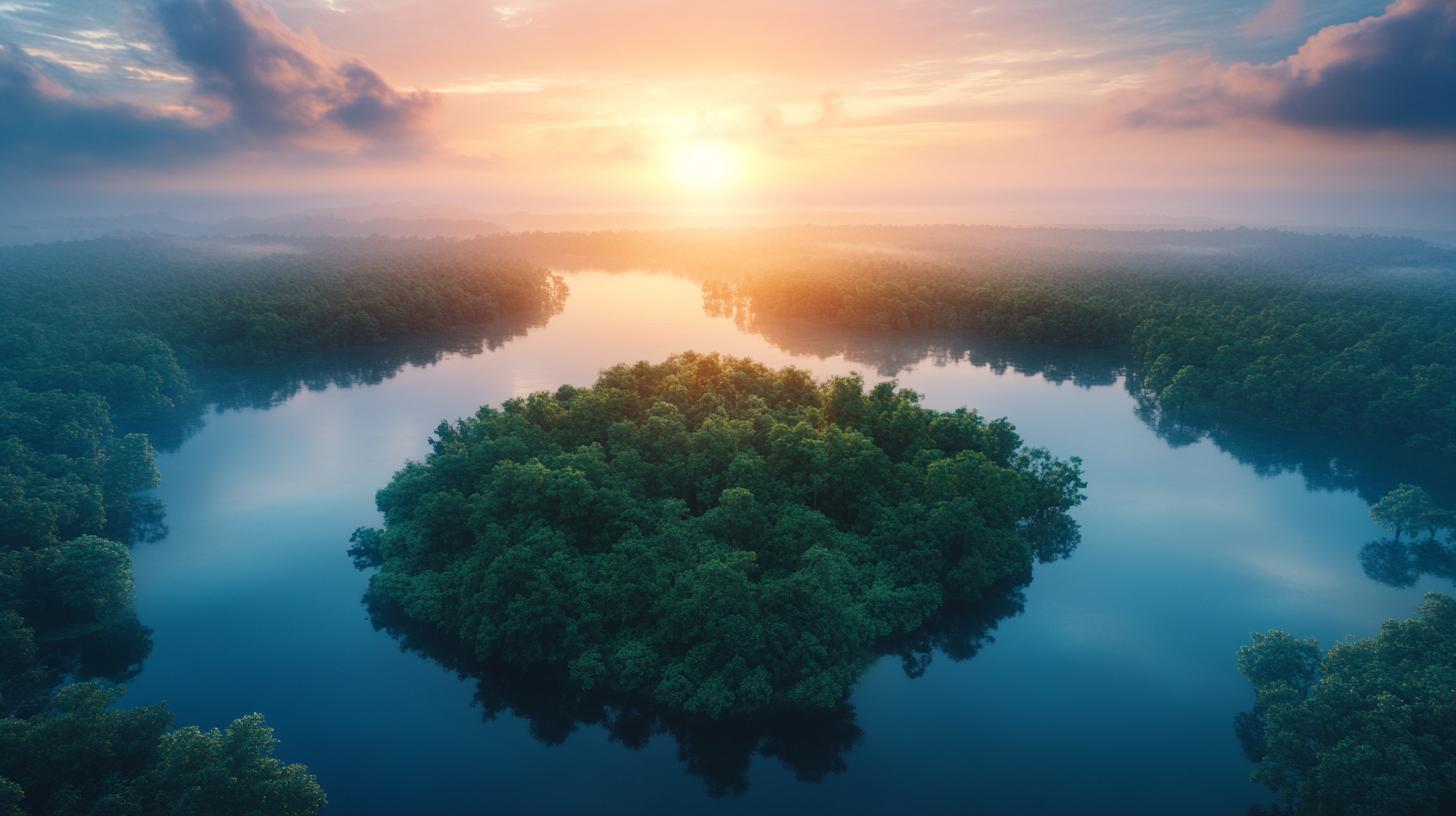 Aerial view of a lush green island surrounded by calm river waters at sunrise with a vibrant sky.