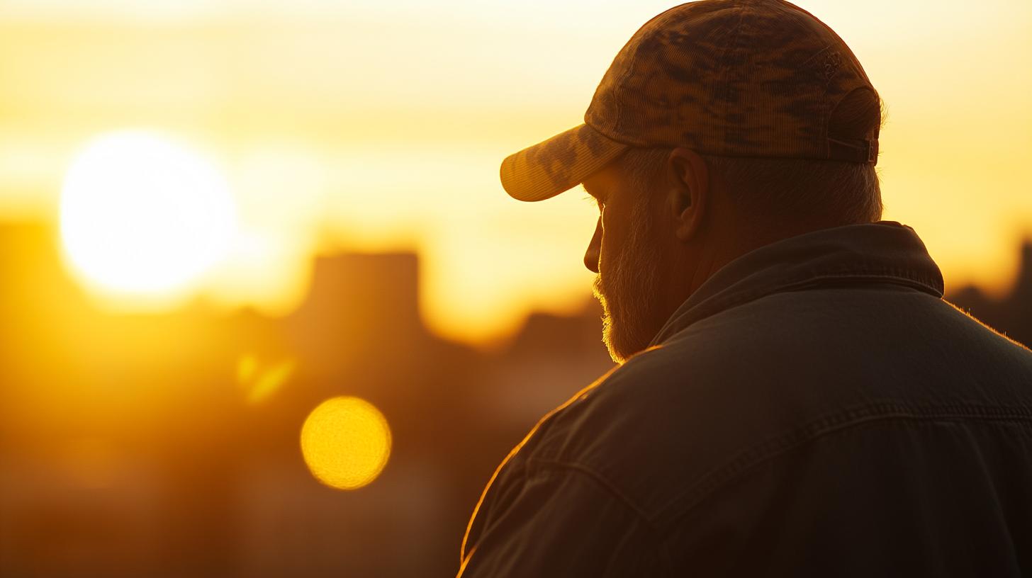 Man in a cap gazing at a sunset with a city skyline in the background