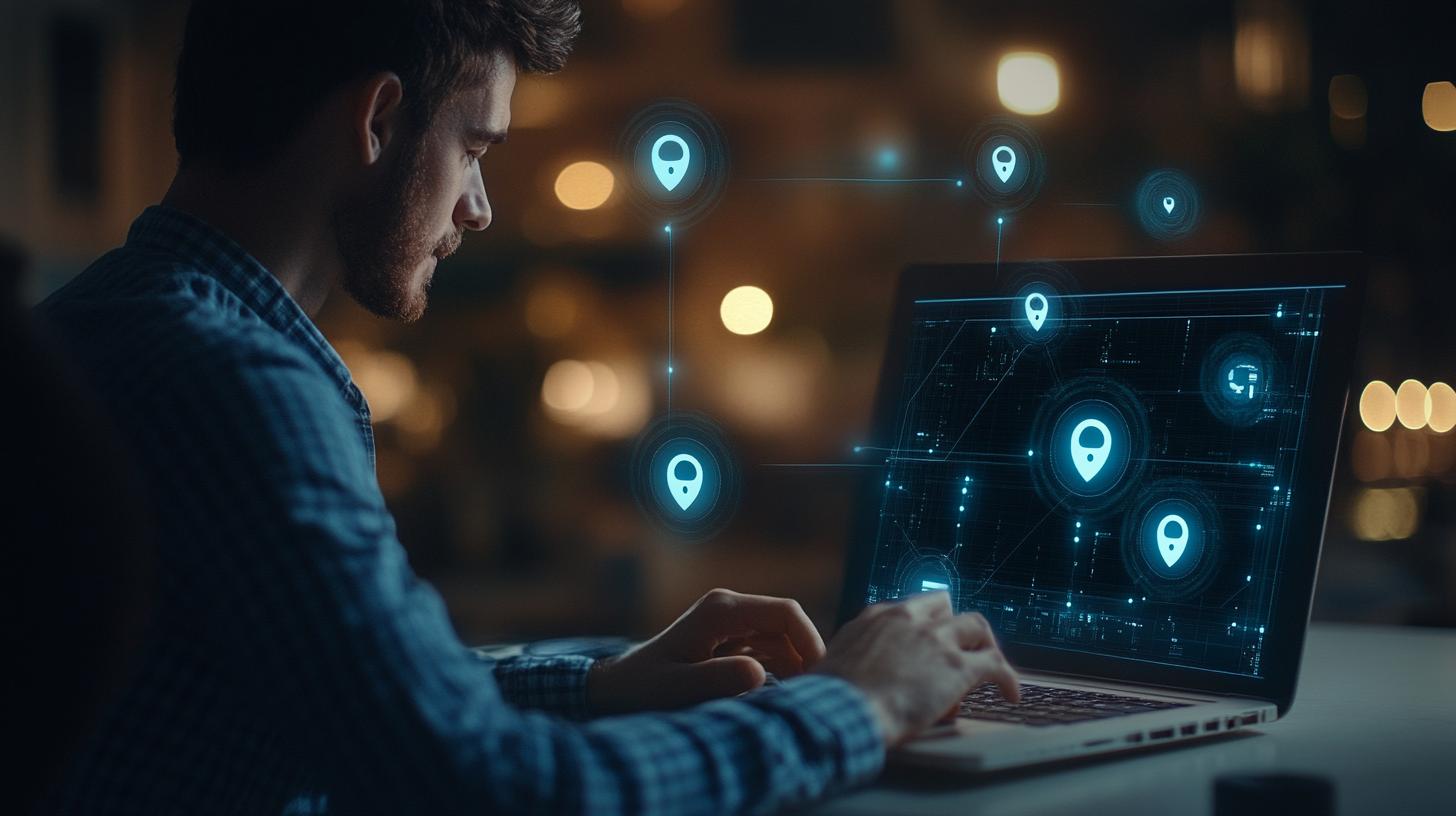 Man working on a laptop with digital map and location icons in a dimly lit room showing concept of digital connectivity and geolocation technology.