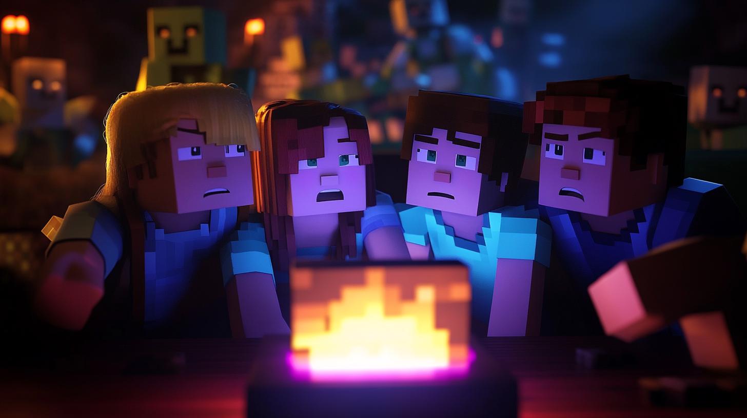 Minecraft characters sitting around a campfire surrounded by zombies in a nighttime scene.