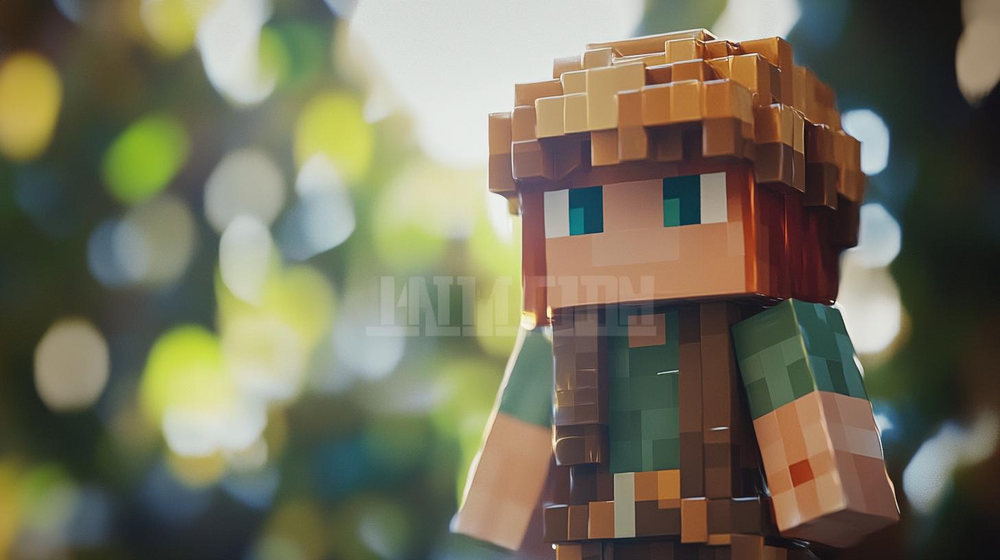 Minecraft-style character with pixelated design and green outfit in a blurred garden background.