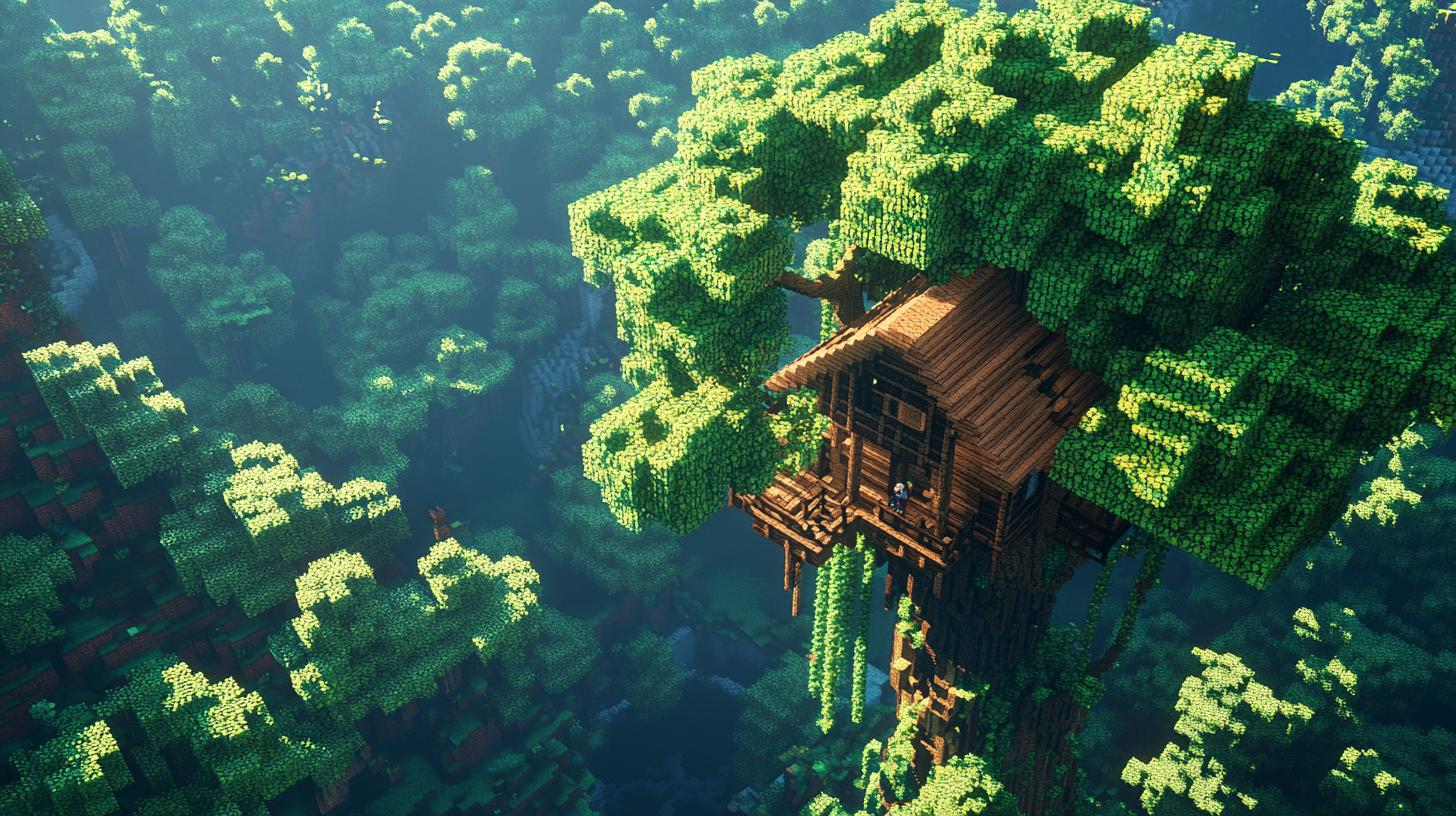 Minecraft treehouse in lush forest environment pixel art style vibrant green foliage detailed wooden structure gaming creativity adventure serene landscape