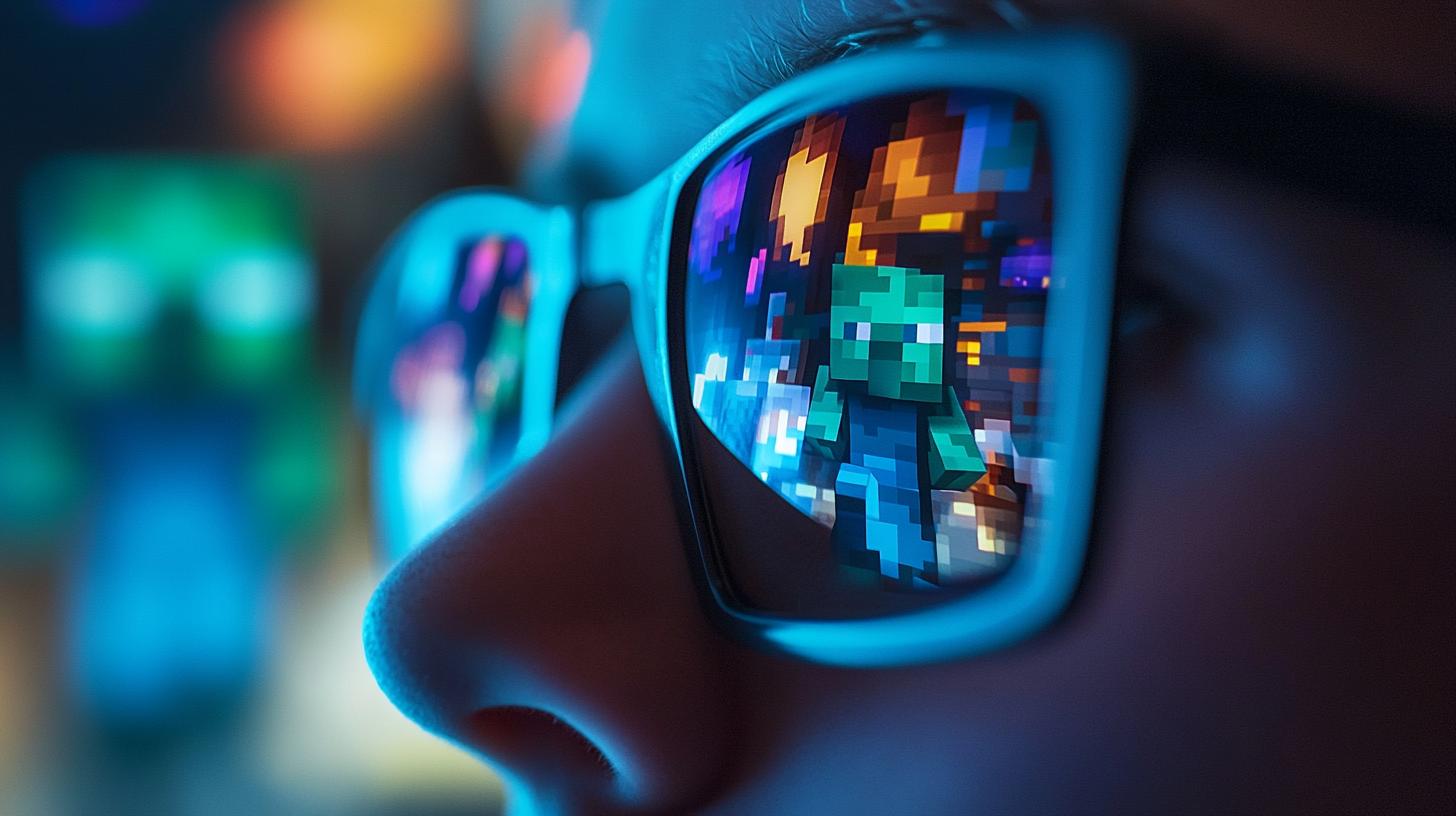 Close-up of person wearing glasses reflecting Minecraft zombies on the lenses with vibrant colors in the background.