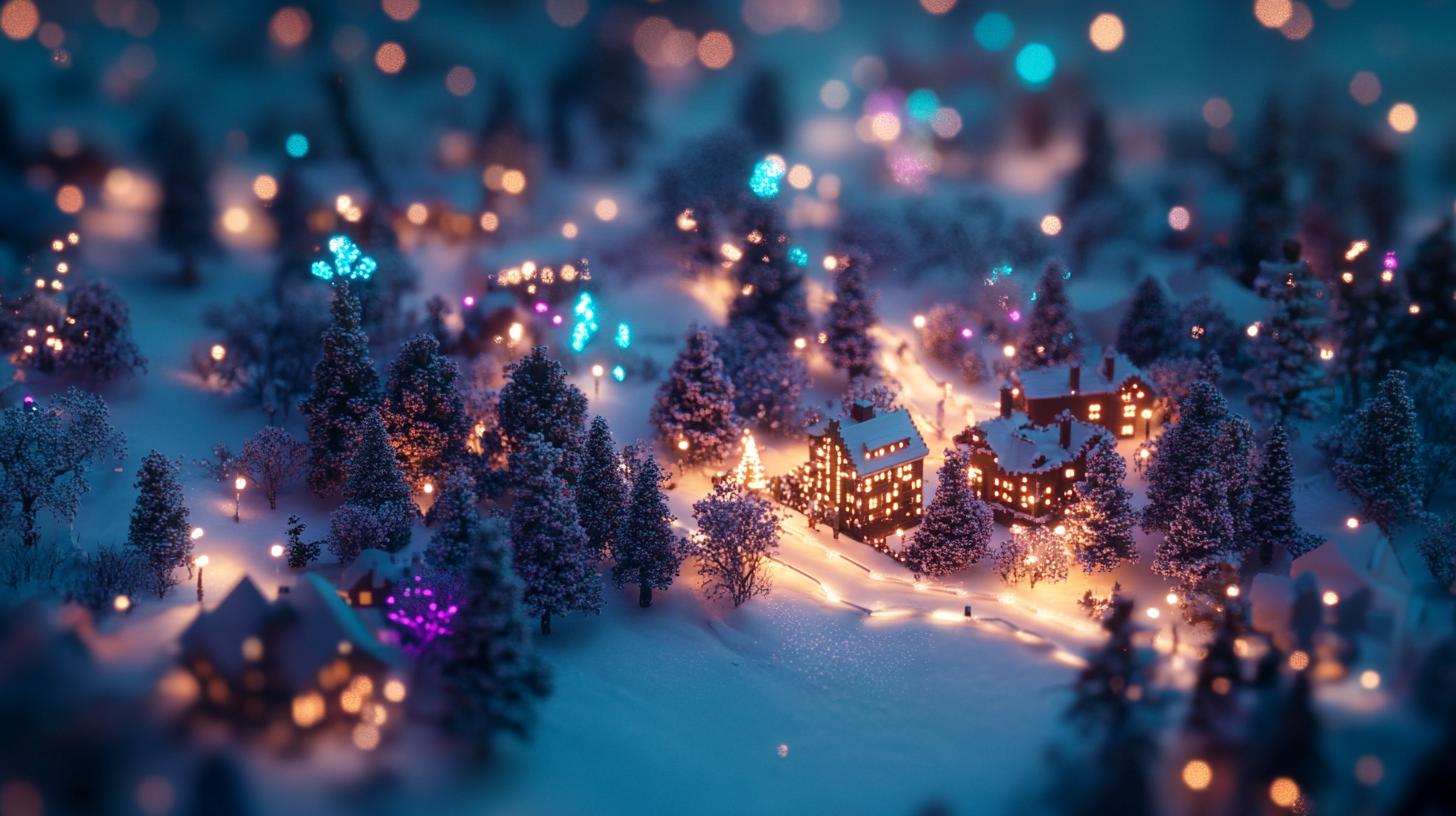 Miniature snowy village with glowing lights and decorated trees creating a magical winter scene.