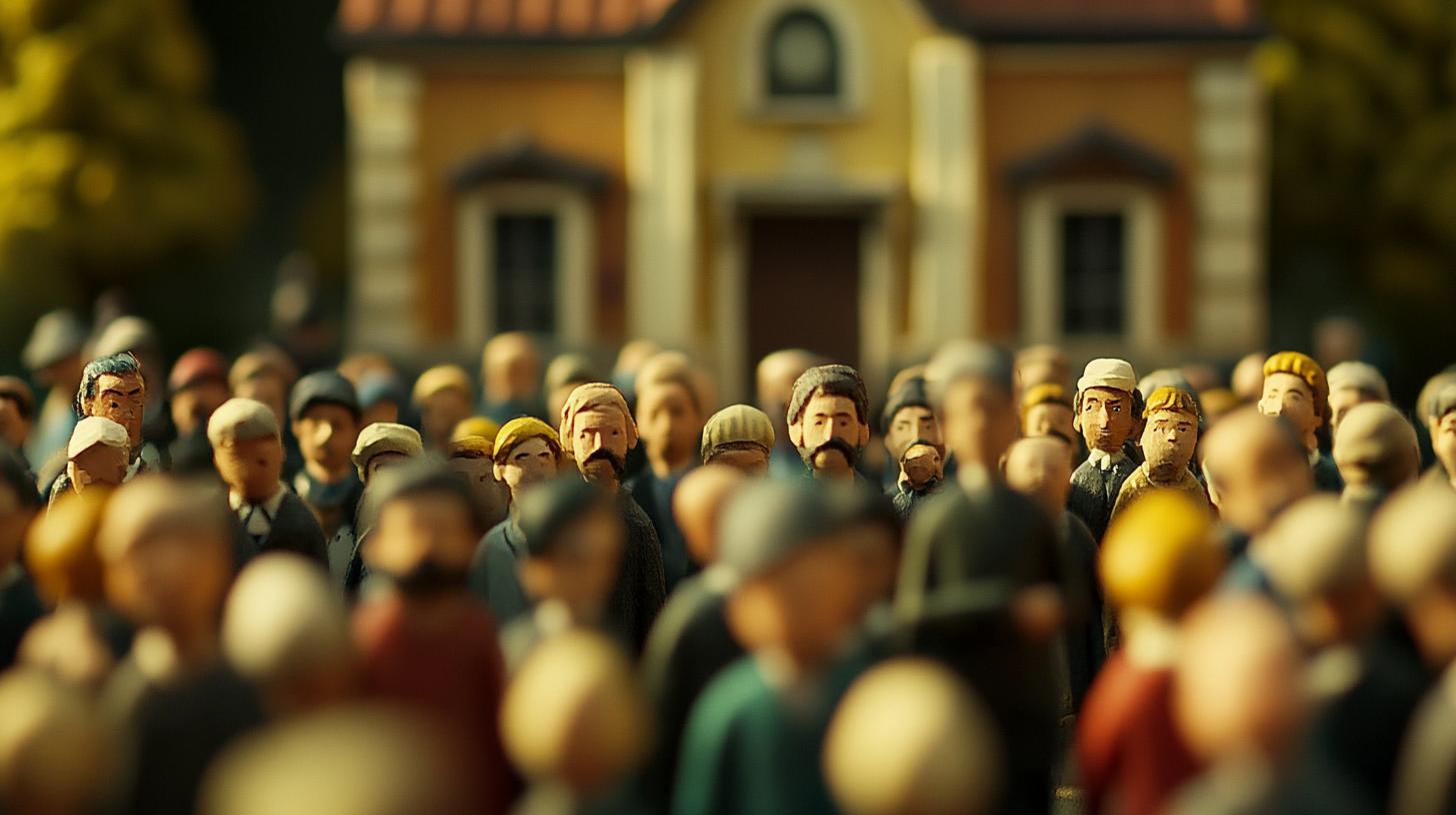 Miniature town square with small figurines depicting a crowd in front of a historical building during the daytime