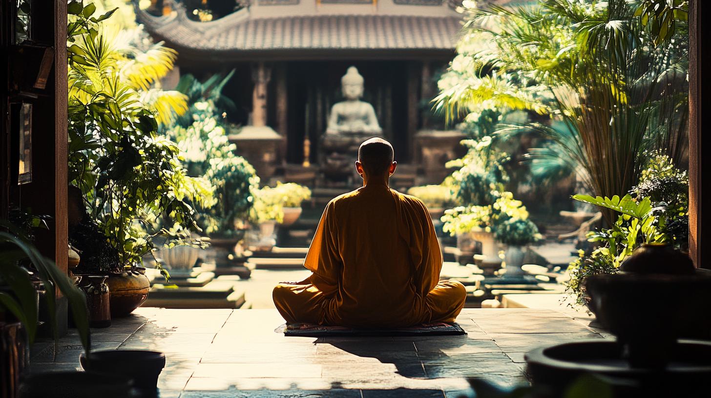 Monk meditating outdoors facing a Buddha statue surrounded by lush tropical plants in a tranquil garden setting.