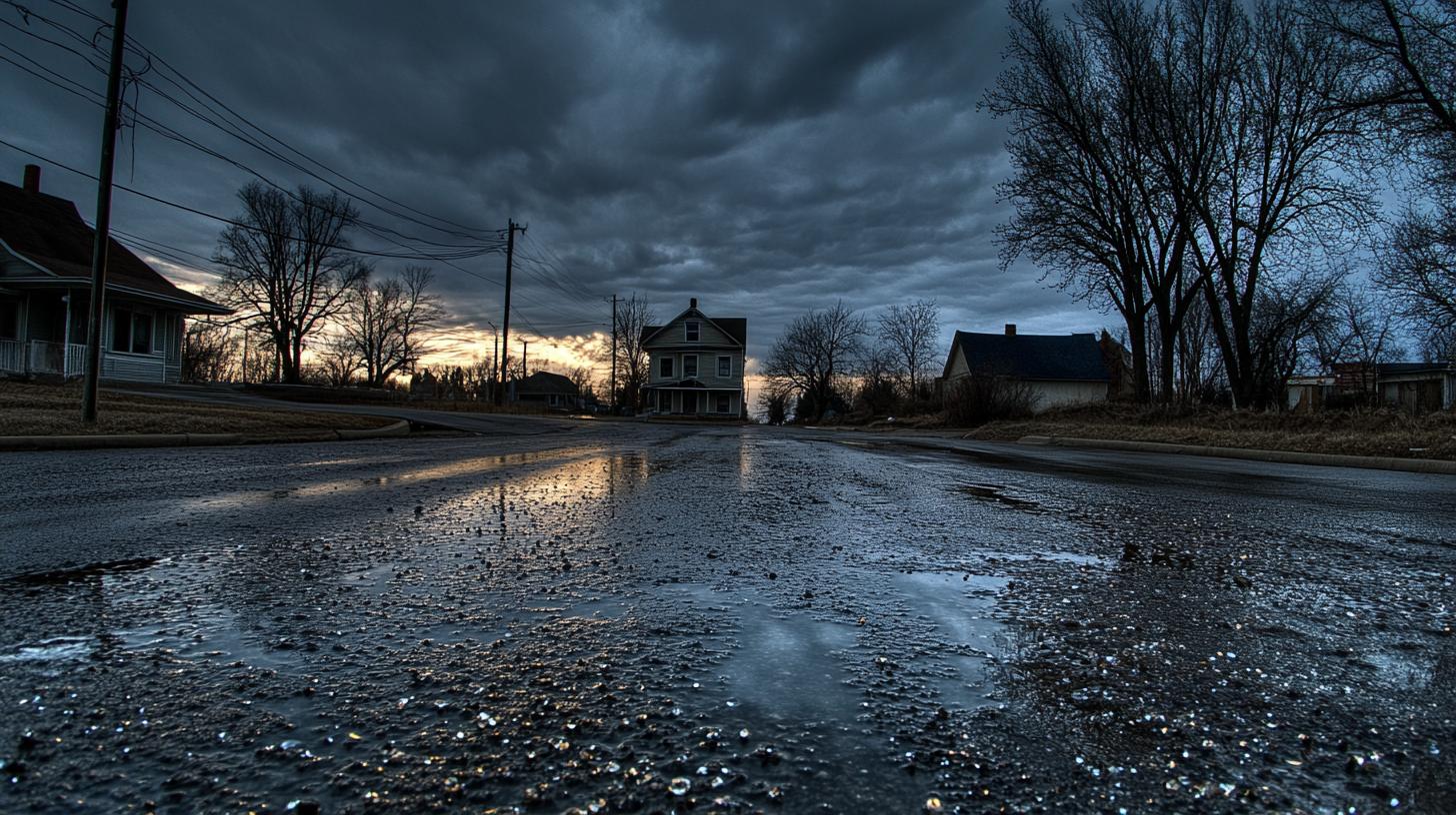 Moody evening scene of a rural road with puddles reflecting a dramatic cloudy sky and bare trees surrounding a suburban house.