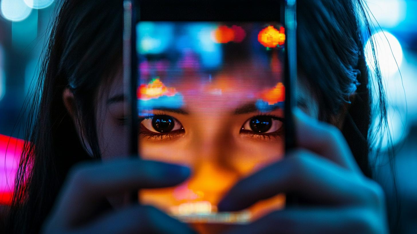 Close-up of eyes reflecting neon lights through a smartphone screen.