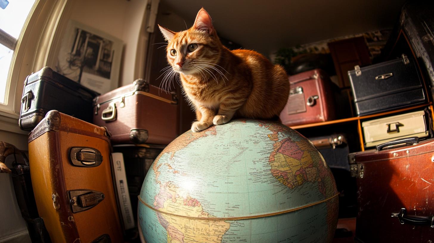 Orange tabby cat sitting on a globe surrounded by vintage suitcases in a cozy room.