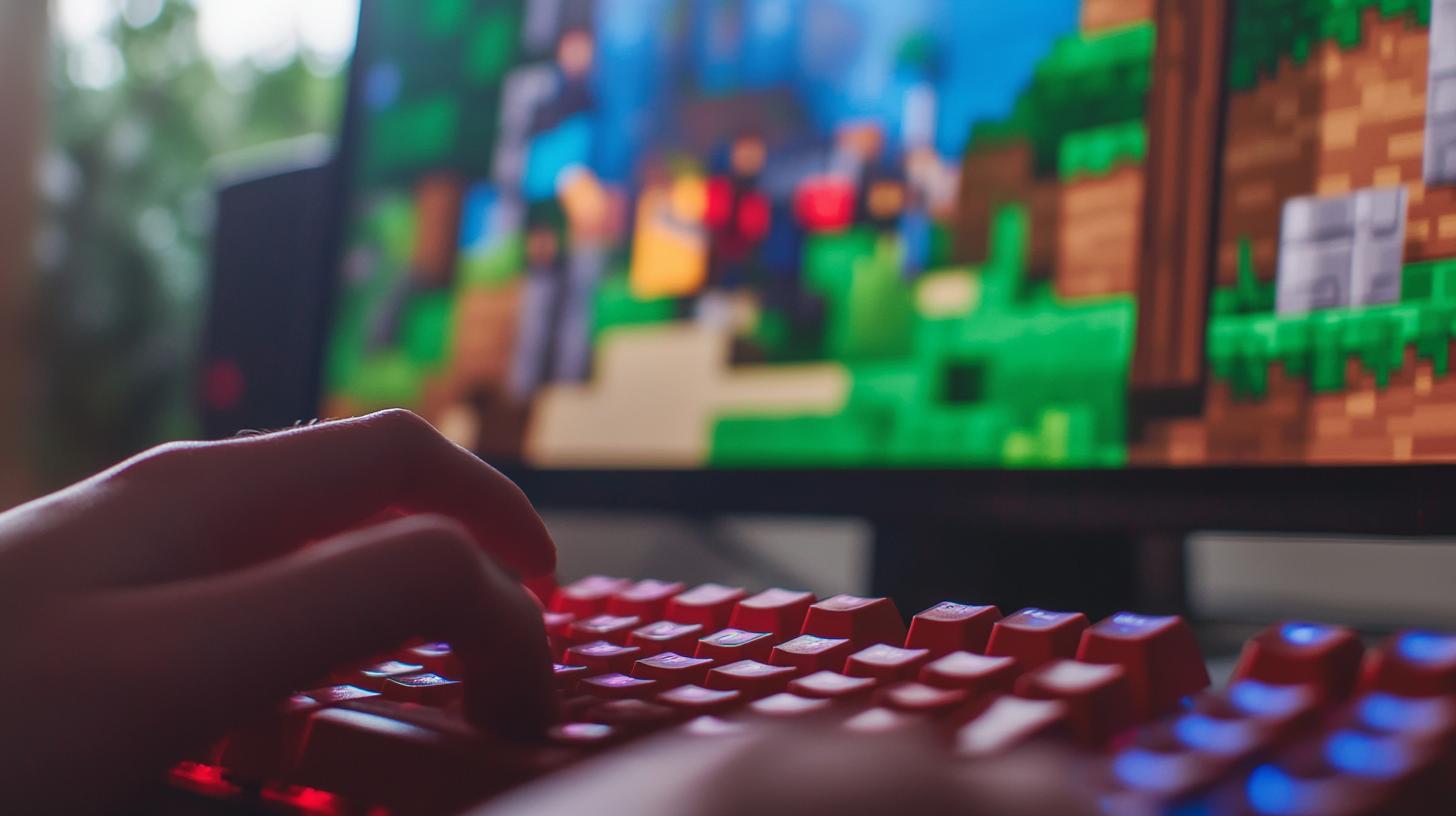 Person playing video game on a PC with red keyboard and colorful screen displaying pixelated graphics