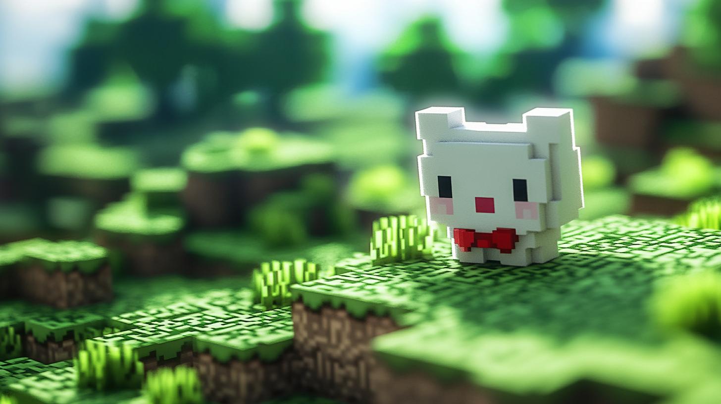 Pixel art rabbit with a red bow tie standing on a grassy blocky landscape in a video game style environment