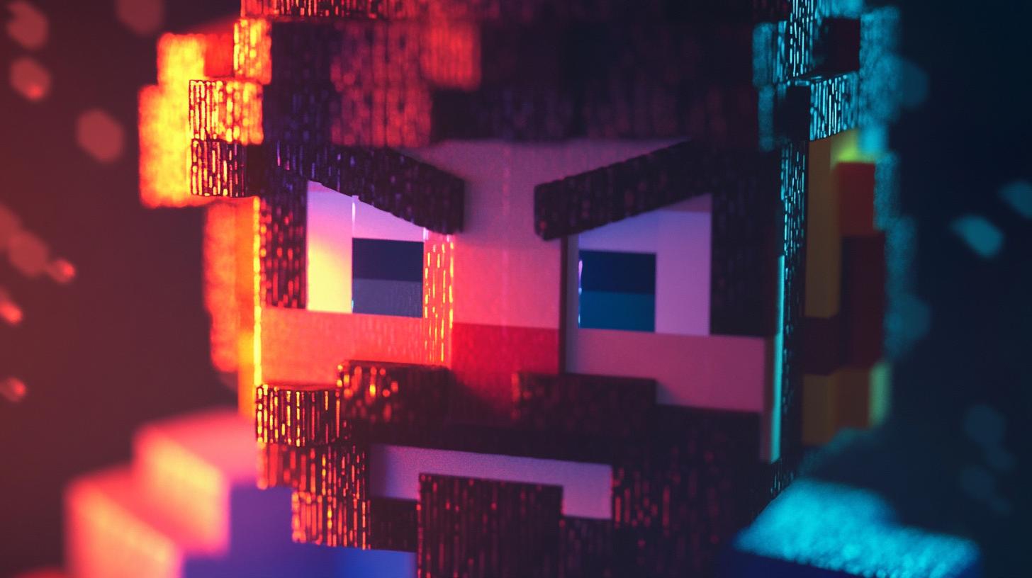 Close-up of a pixelated character with intense lighting effects, featuring blocky textures and vibrant colors.