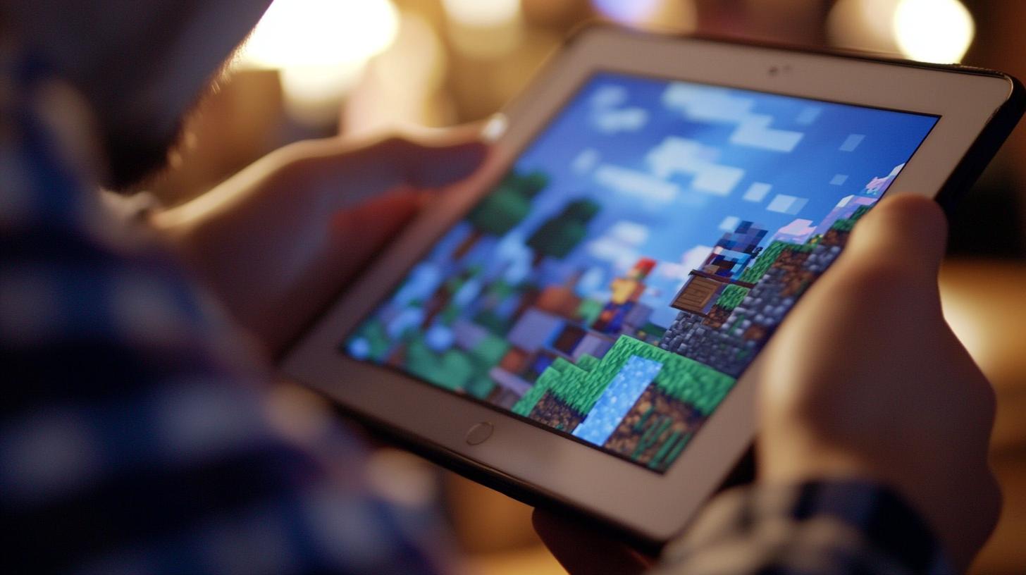 Person holding a tablet playing a pixelated video game with vibrant colors and blocky graphics.