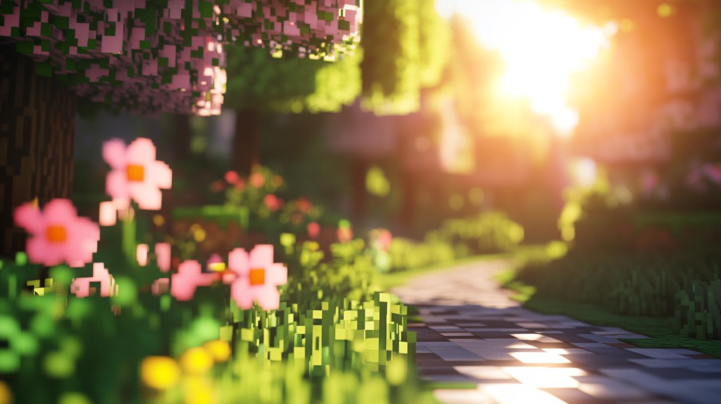 Pixelated garden landscape with blooming pink flowers and a sunlit pathway in a blocky art style.