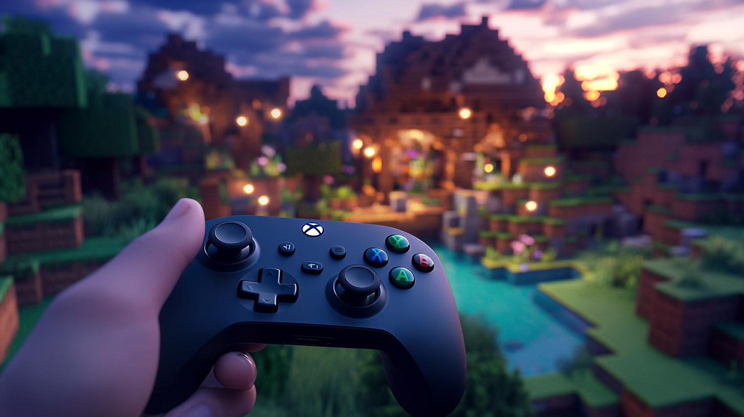 Gaming controller and virtual landscape in a pixelated world at sunset.