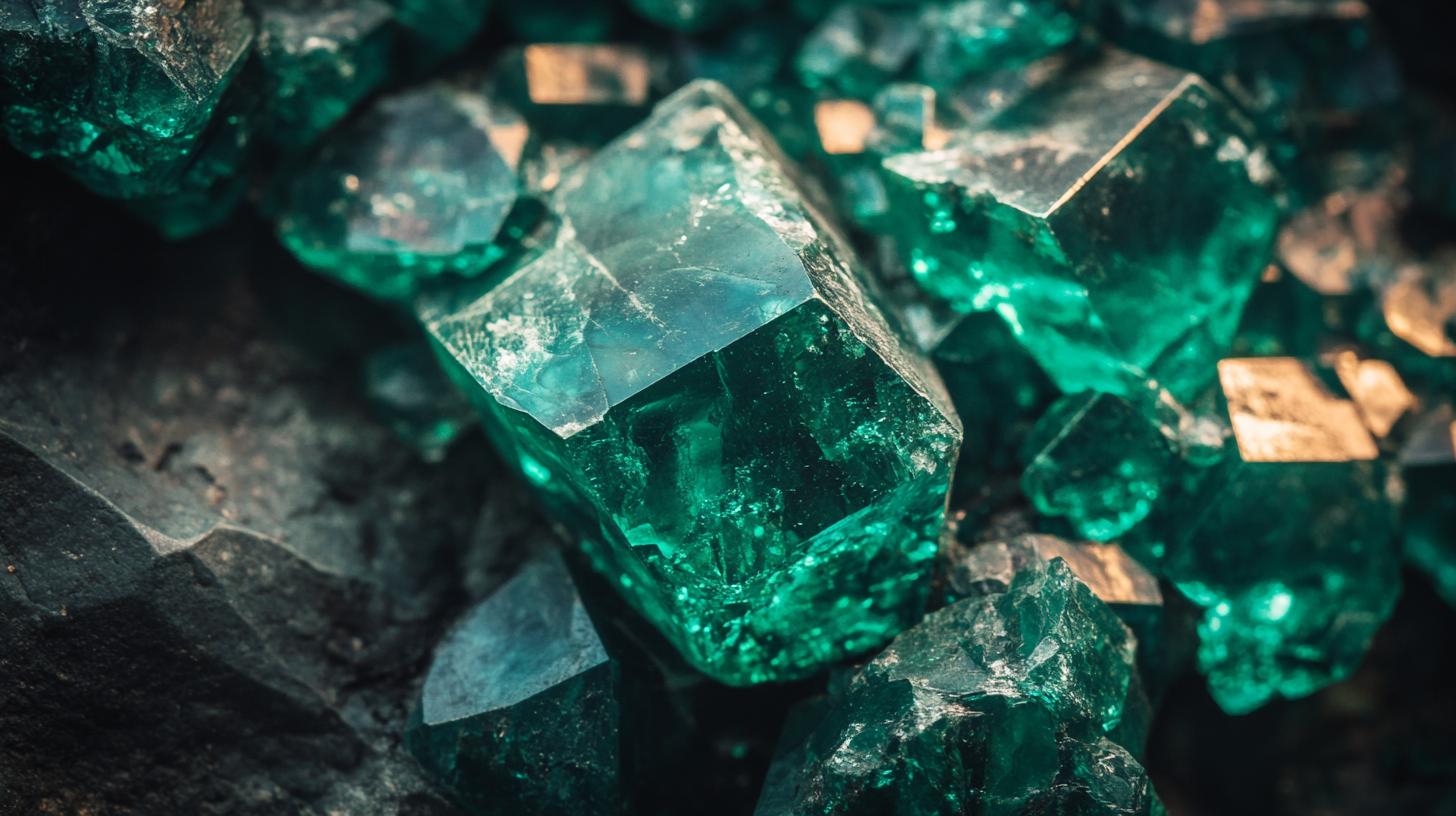 Close-up of raw emerald crystals on a rocky surface showcasing their green and transparent qualities.