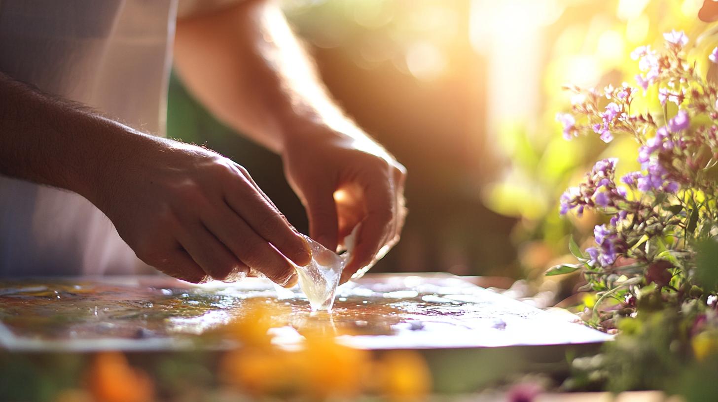 A person crafting resin art surrounded by vibrant flowers in sunlight.