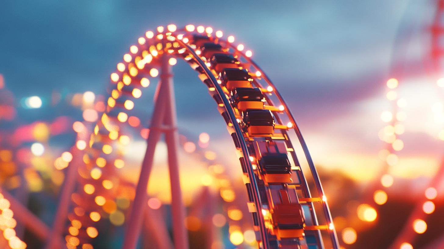 Roller coaster with vibrant lights at sunset in a theme park atmosphere