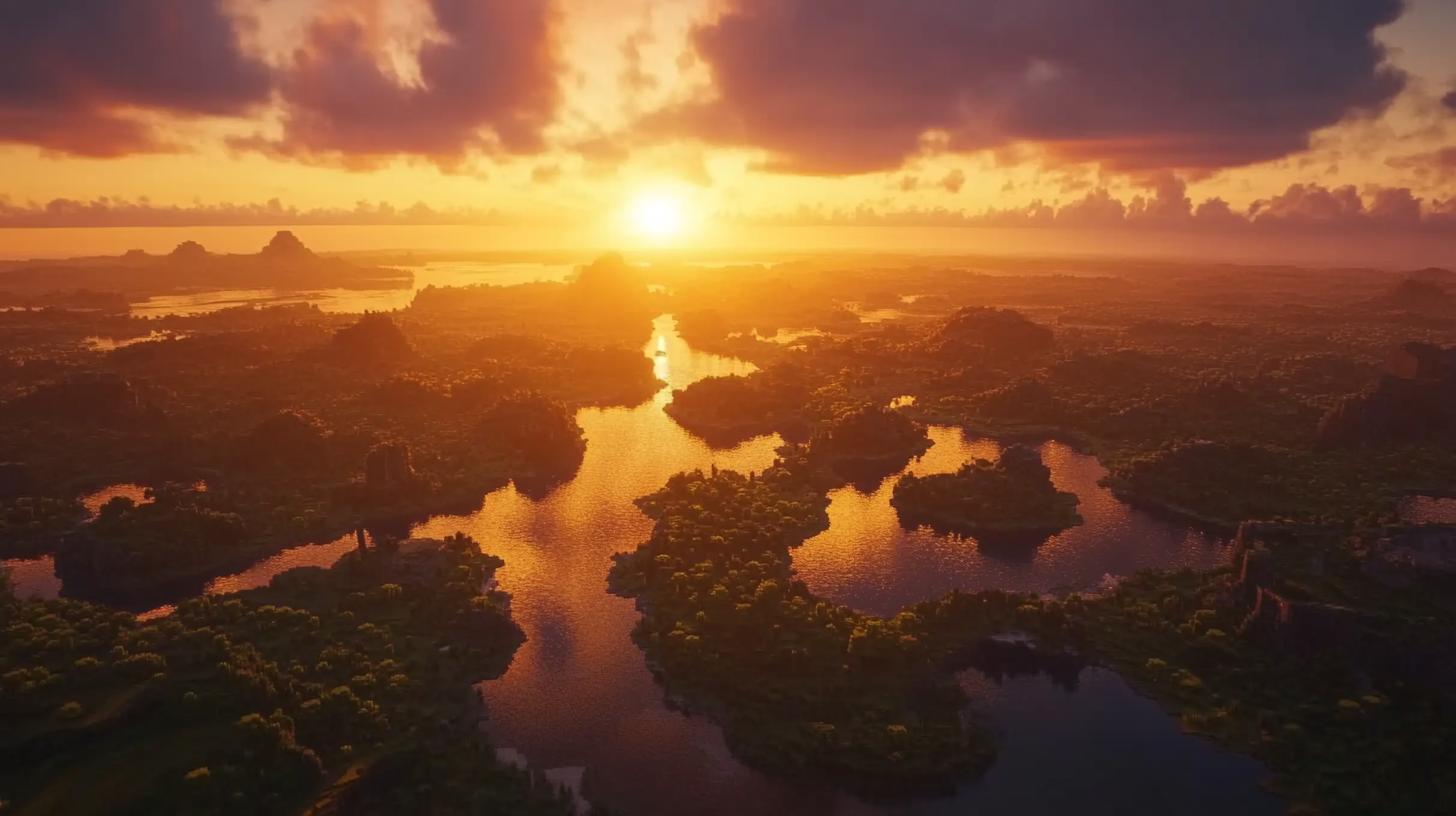 Aerial view of a scenic sunset over a lush river landscape with scattered clouds and vibrant colors creating a serene atmosphere.