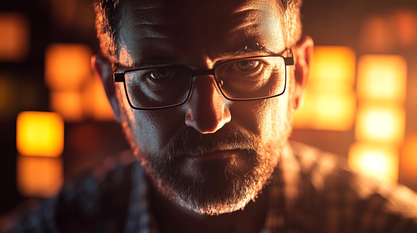 Close-up portrait of a serious man with glasses and a beard, warmly lit background for dramatic effect