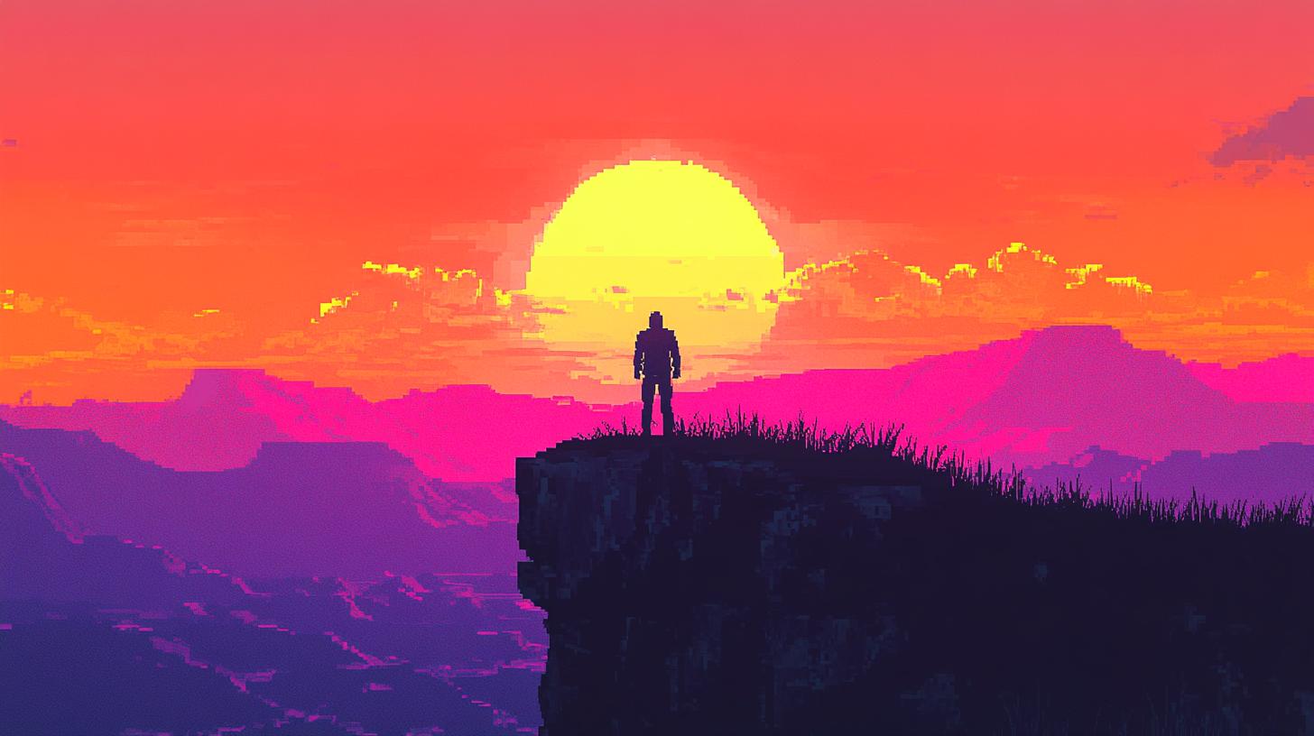 Pixel art silhouette of a person standing on a cliff watching a vibrant sunset with orange and pink skies