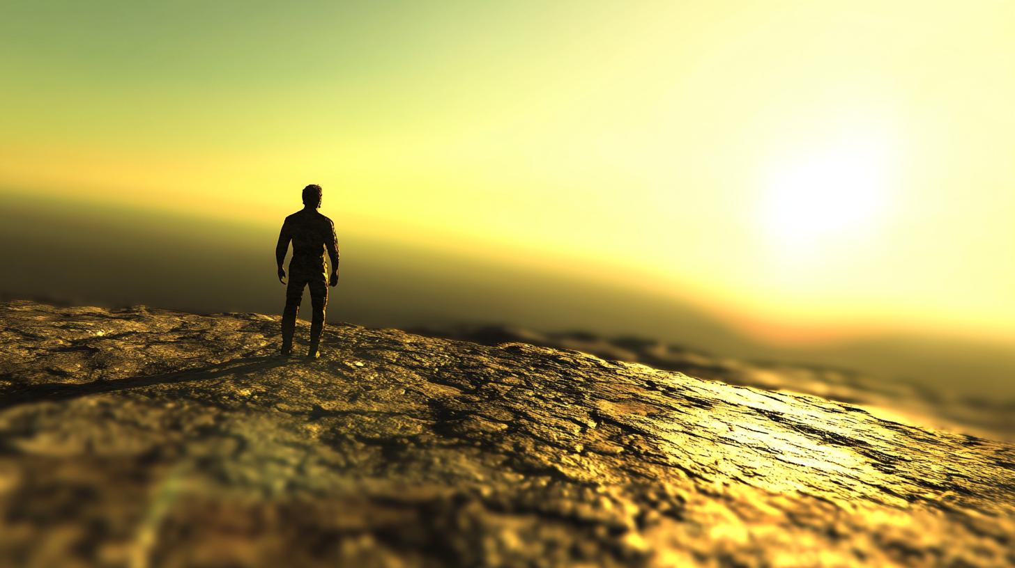 Silhouette of a person standing on a rocky surface at sunrise with a golden horizon in the background.