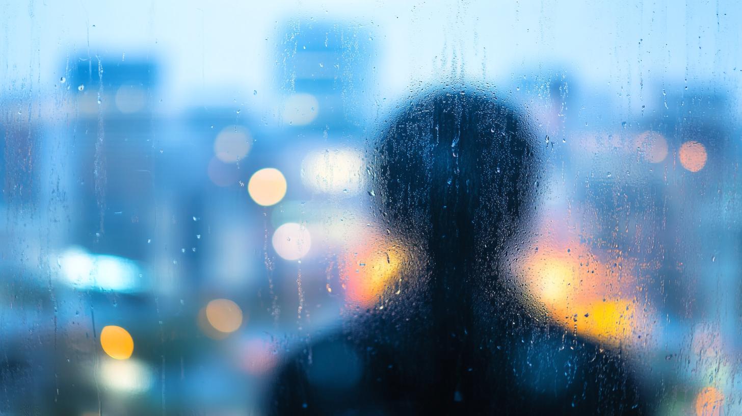 Silhouette of a person viewed through a rain-covered window with blurred city lights in the background