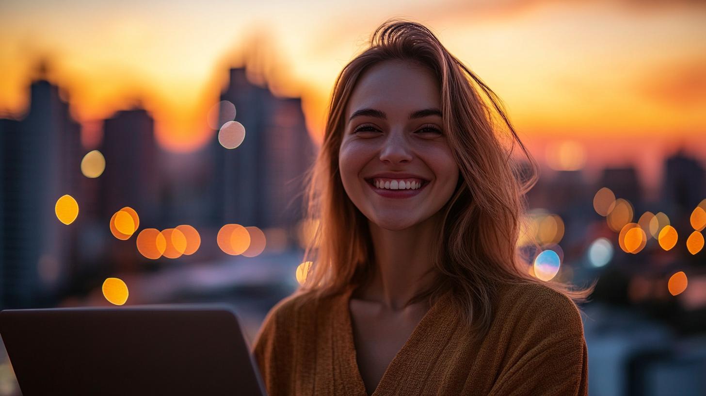 Smiling woman using laptop at sunset with city lights in the background