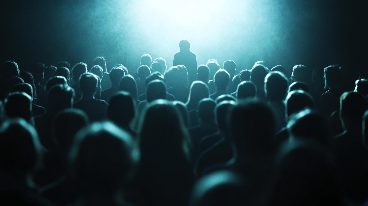 A dimly lit theater audience with a spotlight highlighting one person standing among seated individuals.