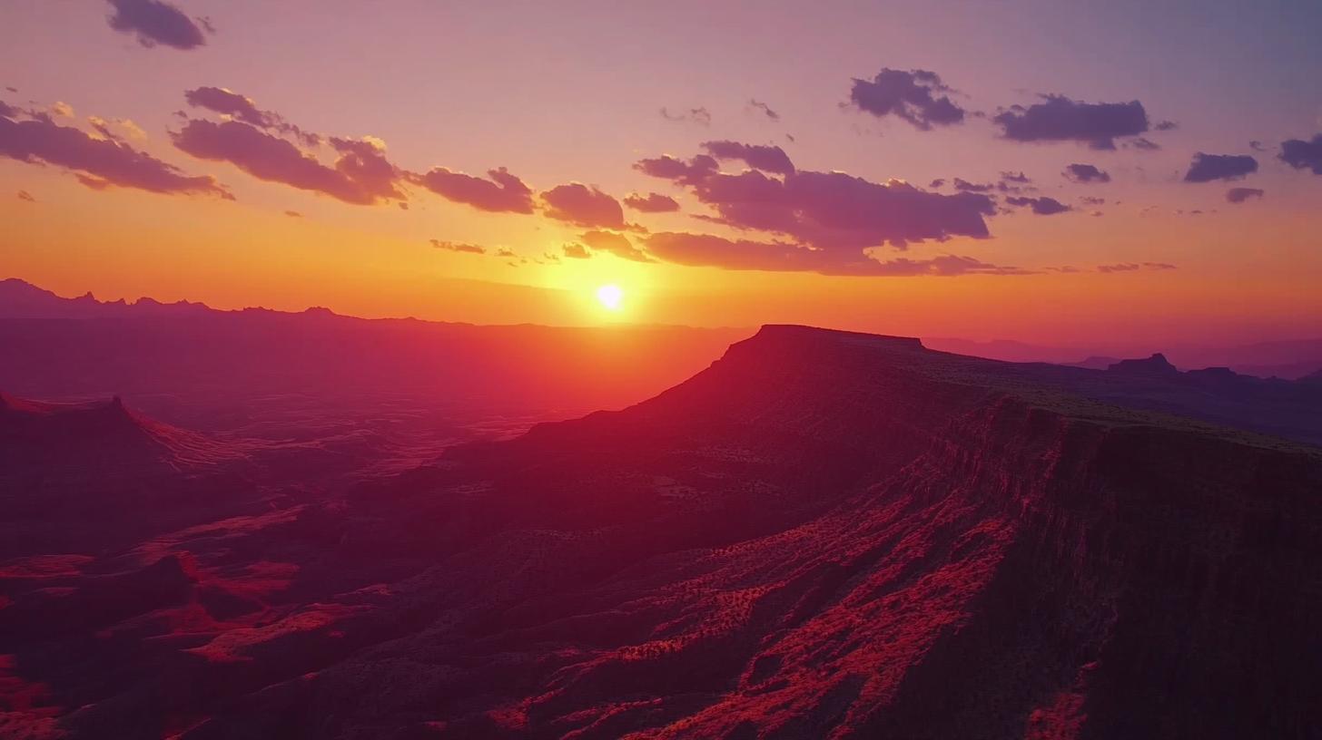 Stunning sunset over a vast desert landscape with deep purple and orange hues casting dramatic shadows on the rugged terrain.