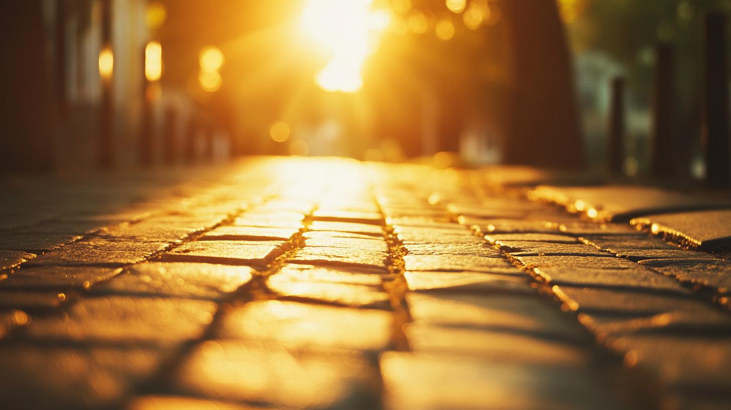 Sunlight illuminating a cobblestone street at sunset creating a warm and serene atmosphere.