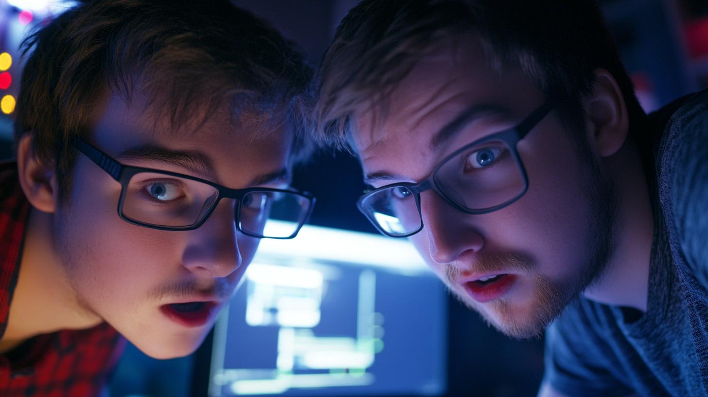 Two young adults wearing glasses looking surprised at a computer screen displaying code in a dimly lit room.