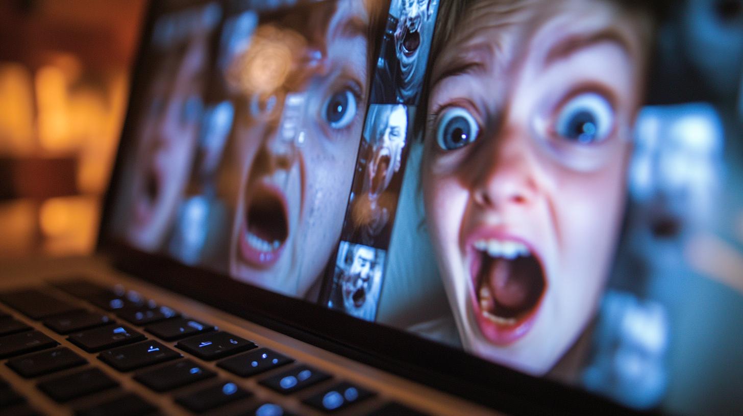 Laptop screen displaying multiple surprised facial expressions in a collage format