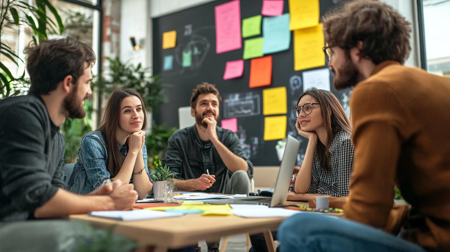 Team brainstorming session in a modern office with plants and colorful sticky notes on the wall.