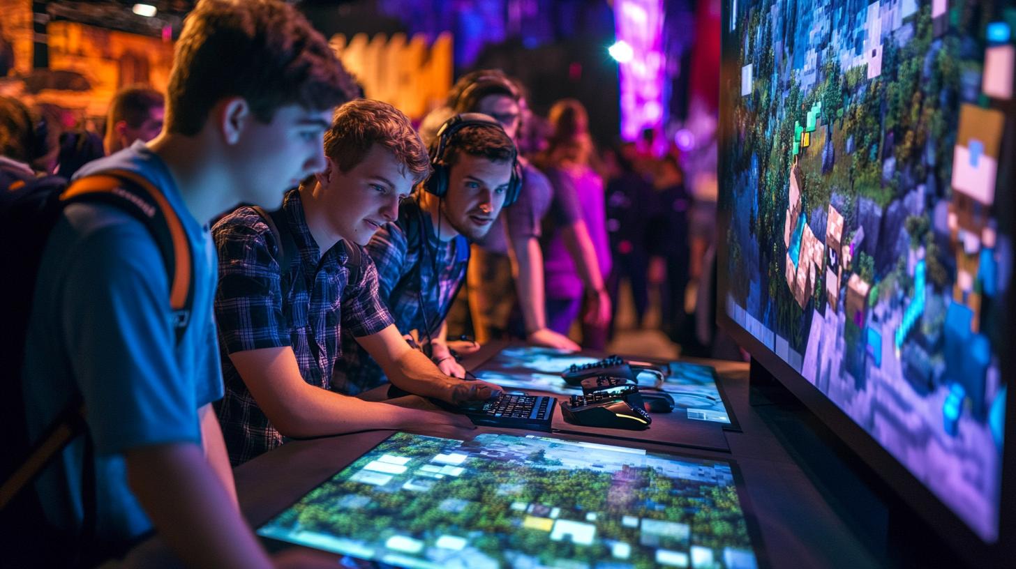 Teenagers playing video games on large screens at a gaming event with colorful lights in the background